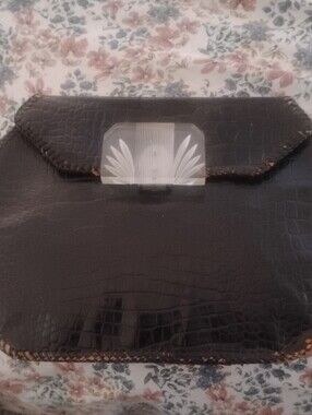 Black Alligator 1920's Clutch with Clear Decorative Clasp 9 3/4 X 7